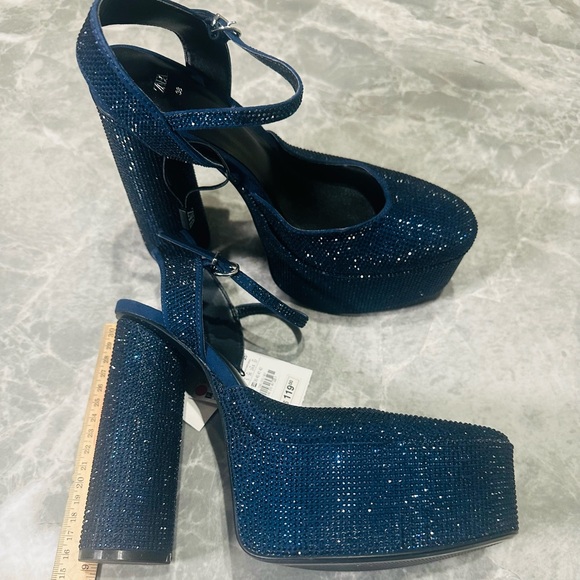 ZARA Navy Blue Rhinestone Platform Heels Formal Glamour Size 7.5 $115 - Picture 1 of 8